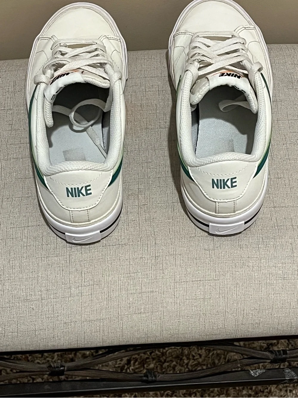 Kids Nike White Leather Sneakers with Dark Green Swoosh, size 6Y